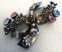 Hobe Sterling Silver Bow Brooch Large 3D Rose Floral Pink Blue Glass Jeweled 3″