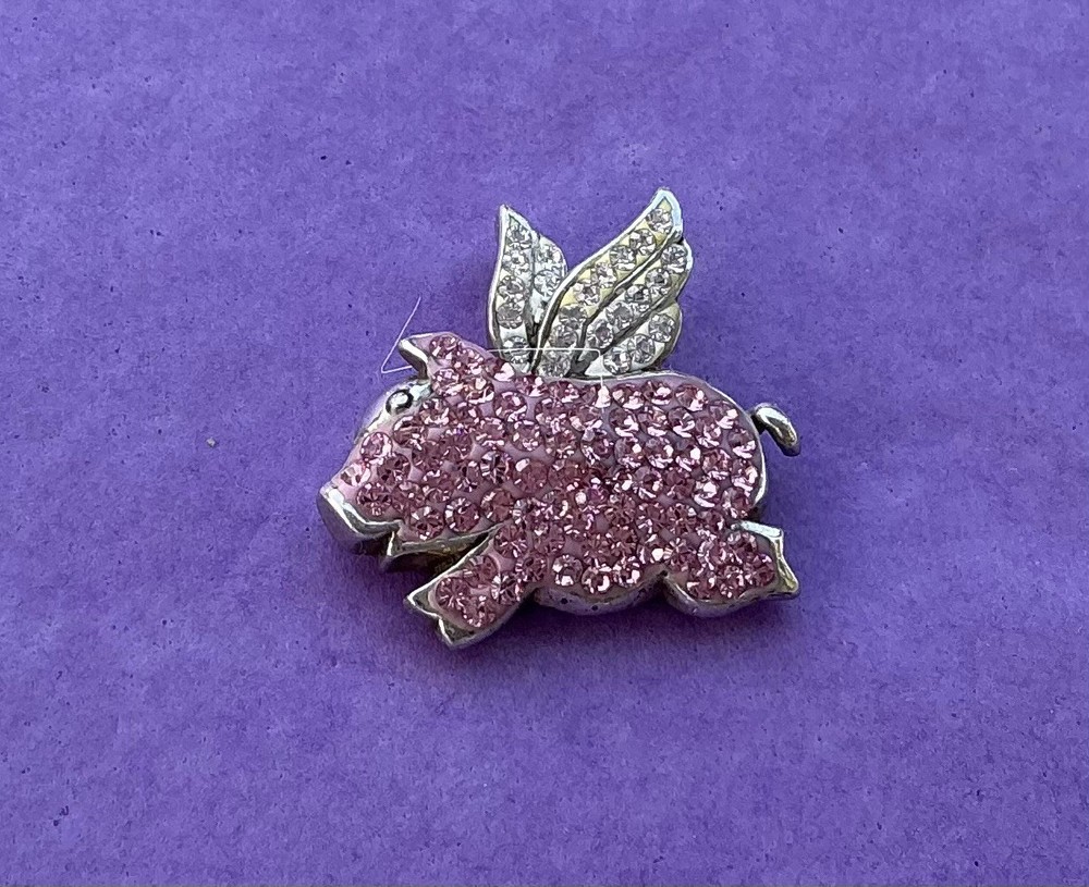 Vintage Sterling Silver Pink Rhinestone CZ Flying Pig Marathon Pendant 5.2g