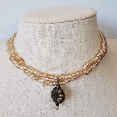 Vintage Beige Glass Bead Double Strand Ethnic Bronze Charm Choker Necklace