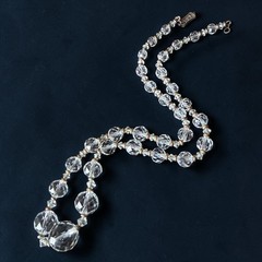 Crystal Necklace Vintage Glass Faceted Bead Strand Mid Century 15 Inch