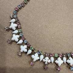 White Milk Glass Rhinestone Pastel Pink Green Blue Yellow Necklace