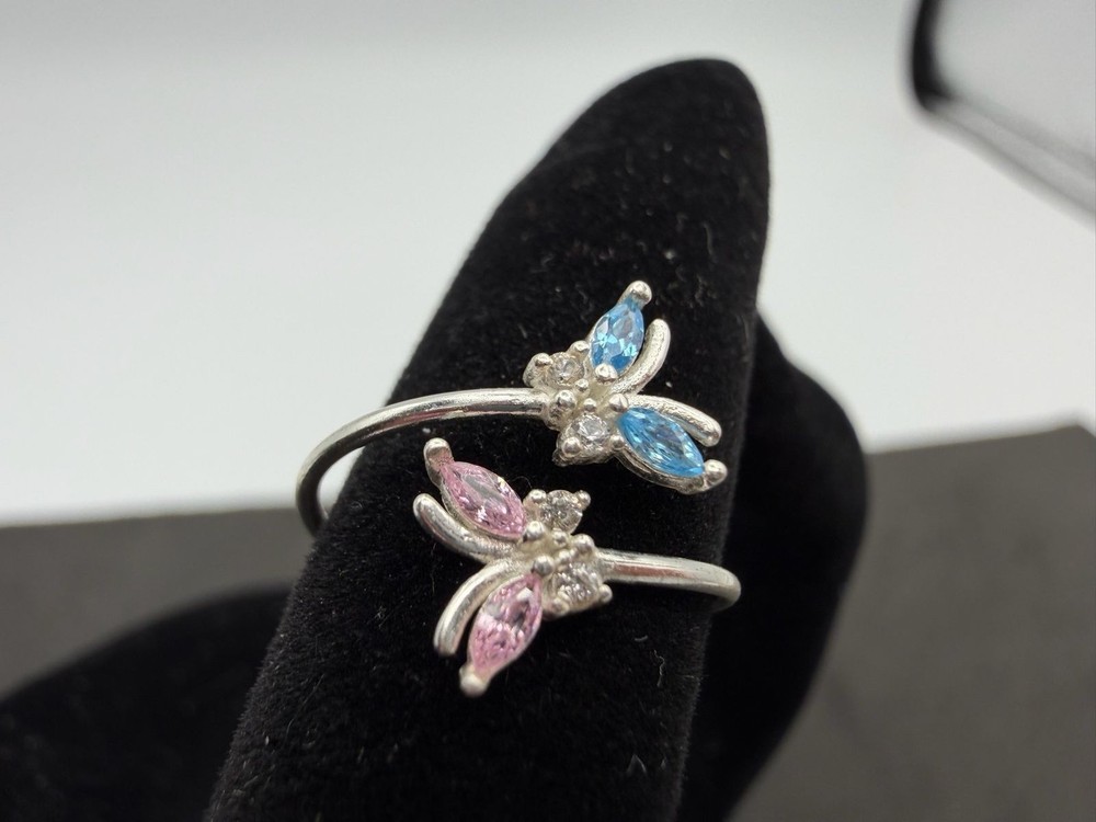 0.66g Vintage Sterling Silver 925 Butterfly Pink Blue Accent Ring Size 3 / 3.5