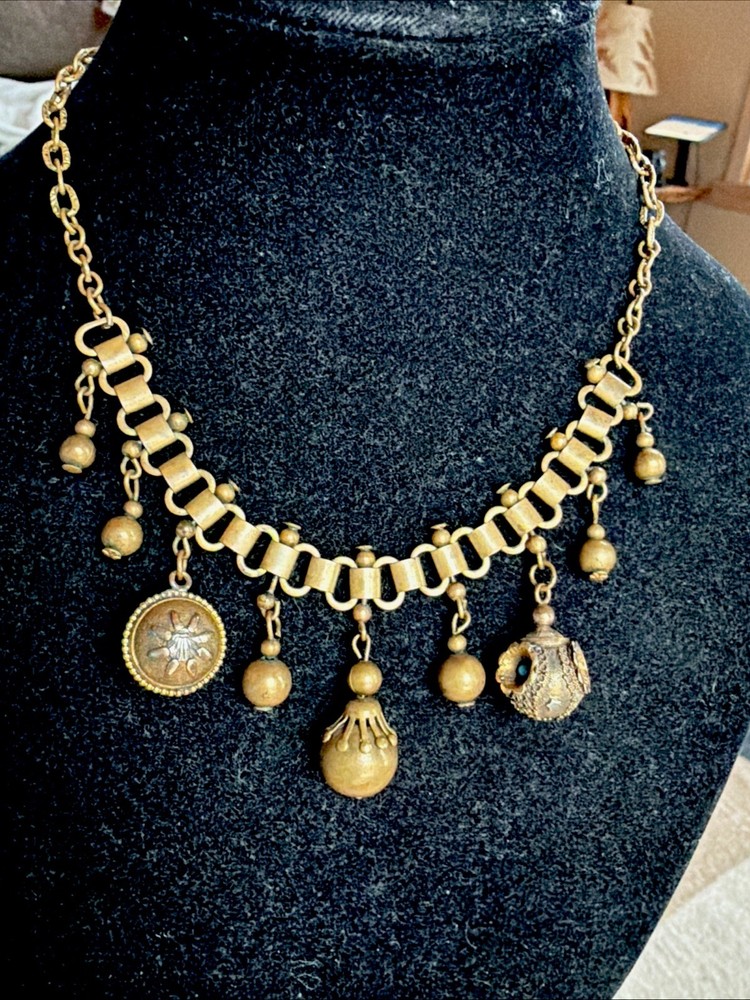 Antique Deco Book Link Chain Brass Choker Dangle Brass Beads Gold Fill Fobs 15”