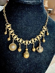 Antique Deco Book Link Chain Brass Choker Dangle Brass Beads Gold Fill Fobs 15”