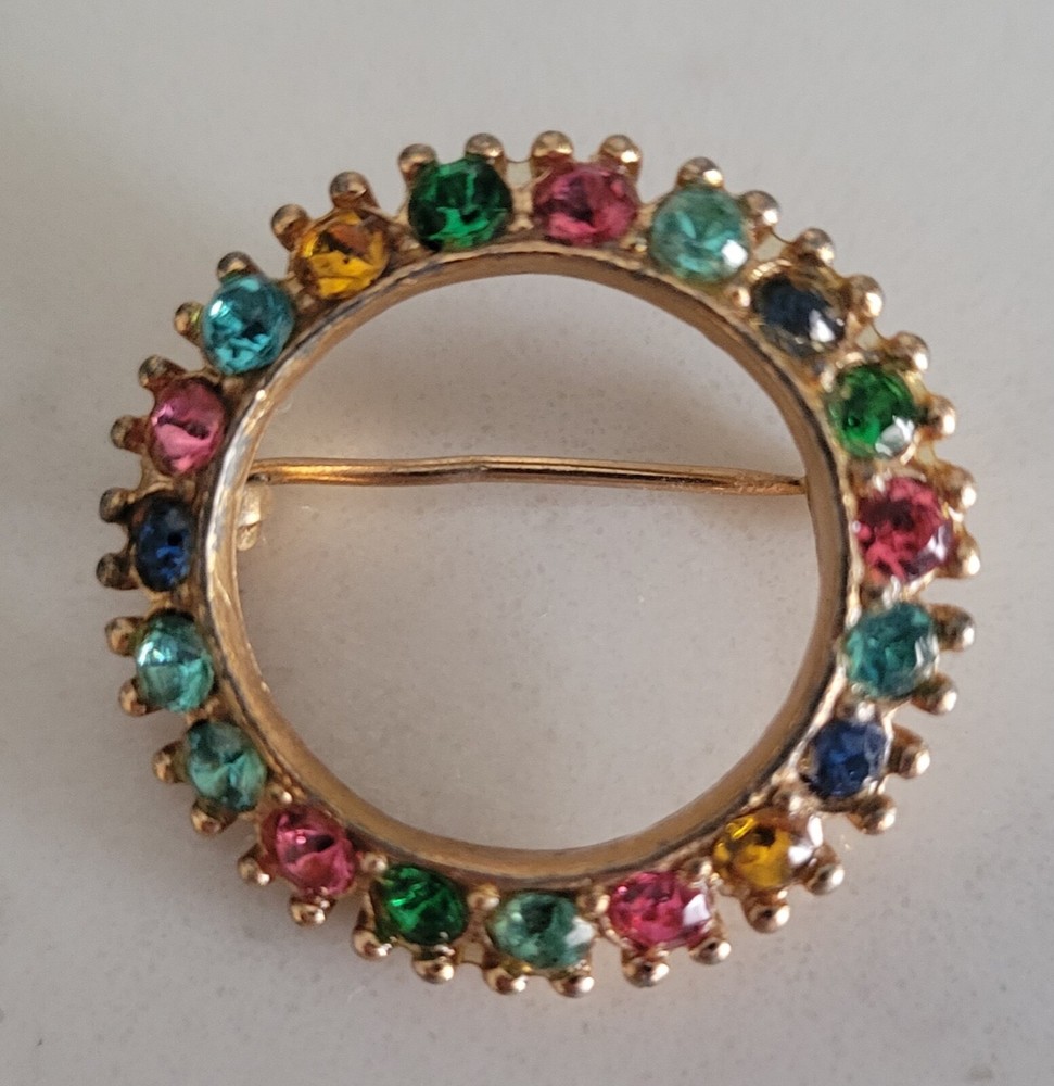 Vintage Multicolor Rhinestone Round Circle Brooch Pin
