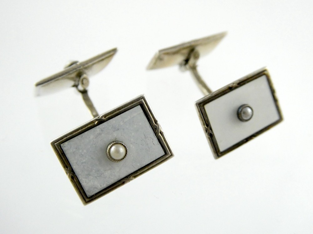Vintage 800 Silver White and Black Enamel with Seed Pearl Bullet Back Cufflinks