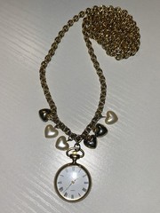 Vintage Carolee Pocket Watch Pendant Necklace Pearl Heart Charms Gold Tone 34”