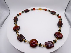 Chunky Modernist Beaded Cognac Molded Glass 20″ Statement Stackable Necklace