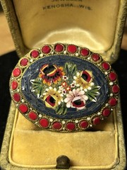 Vintage Gold Tone Micro Mosiac Floral Brooch Made in Italy Red Yellow Blue