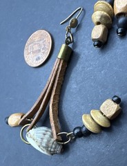 Vintage Brown Boho 3” Earrings Shell Wood Leather Earrings