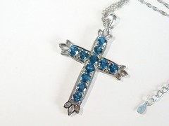 Vintage Sterling Silver 925 Heated London Blue Topaz Cross Pendant Necklace