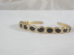 Vintage Sterling Silver 925 Gold on Natural Black Spinel Hinged Bracelet 7.5″