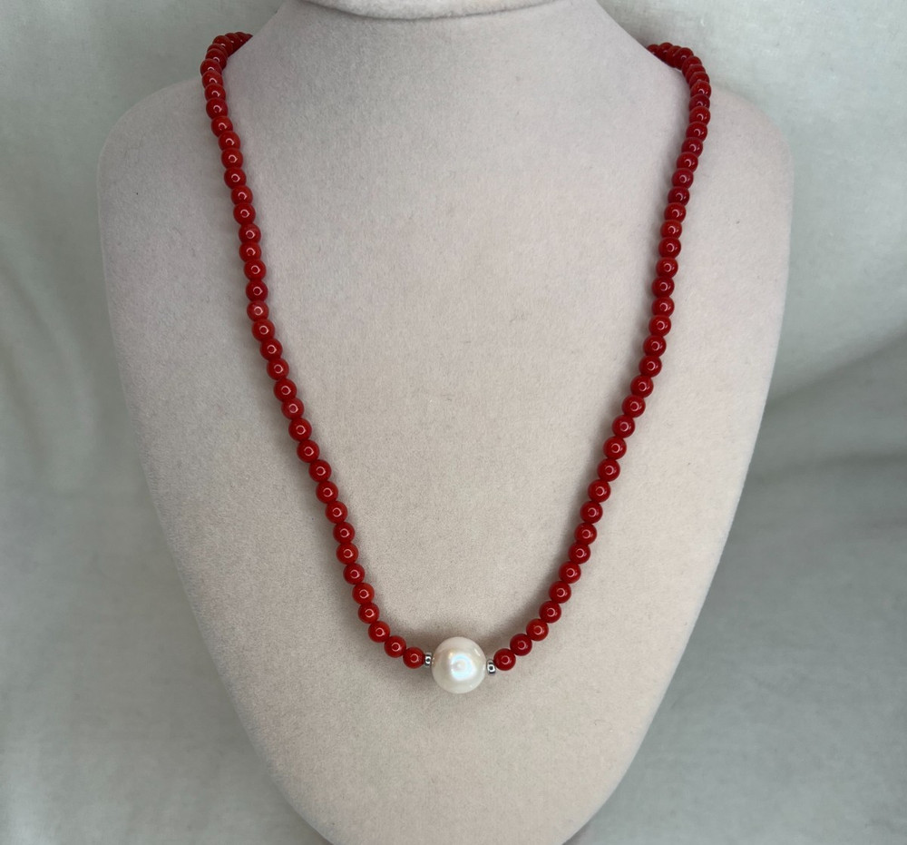 Red Coral Bead PEARL Rhodium Over Silver Necklace 18″ NEW