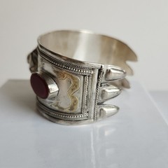 Vintage Tribal Cuff Bracelet | Mixed-Silver 800-900 Content | Red Carnelian Acce
