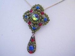 1950’s EDLEE Fab RIVOLI, Olivine, Egyptian Blue & RED Rhinestones Dangling PIN