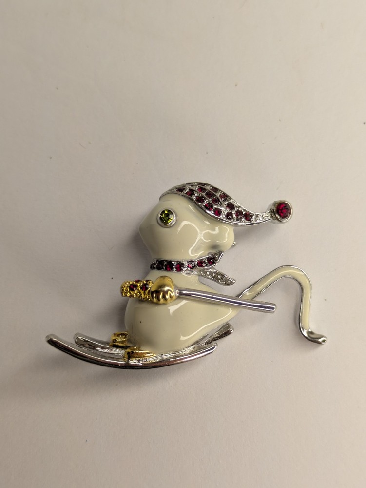 Silver Tone Enamel & Red Rhinestone Skiing Mouse Brooch