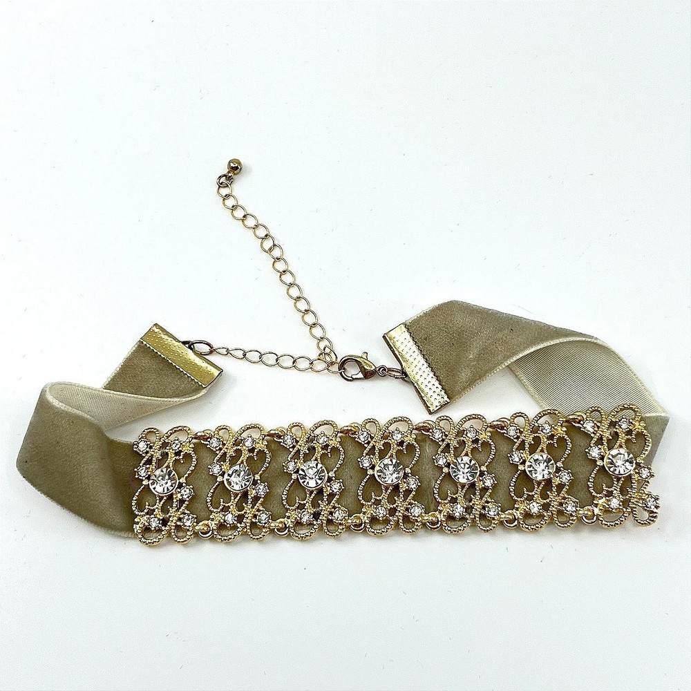 Vintage Retro Gold Filigree Crystal Velvet Choker Necklace Taupe Y2K Aesthetic