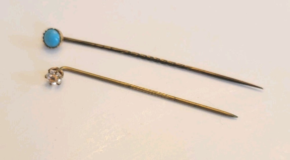 Vtg. Antique Goldplate Stick Pins Turquoise Color Faux Diamond Lapel Hat Pins