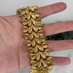Vintage Signed Francois Brushed Gold Tone Leaf Design Wide Bracelet Safety Chain
