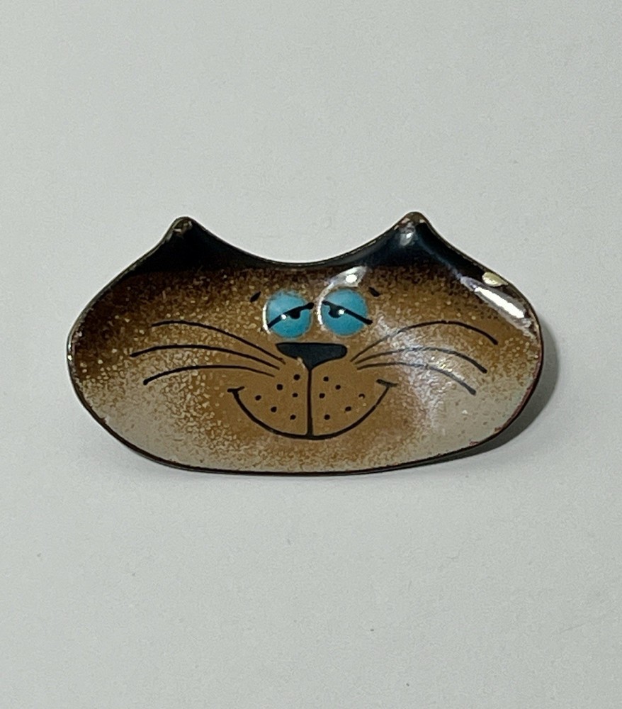 Vintage Nanci Copper Enameled Cat Face Brooch Pin Blue Eyes Artisan Made Signed