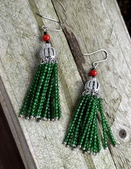 Earrings tassel pendant natural red coral green agate beads 925 Sterling silver