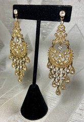 Vintage Style Filigree Chandelier Earrings Gold Tone Rhinestone Dangle 3” Glam
