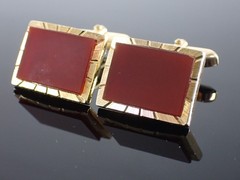 Vintage Gold Tone Red Stone Rectangular Cufflinks Mid Century Style