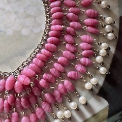 Vintage Pink Art Glass Faux Pearl Fringe Bib Statement Necklace Dramatic Runway