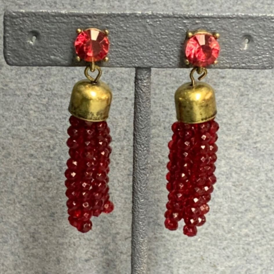 Sugarfix Baublebar Pierced Earrings 2 In Gold Ruby Red Beaded Tassel Rhinestone