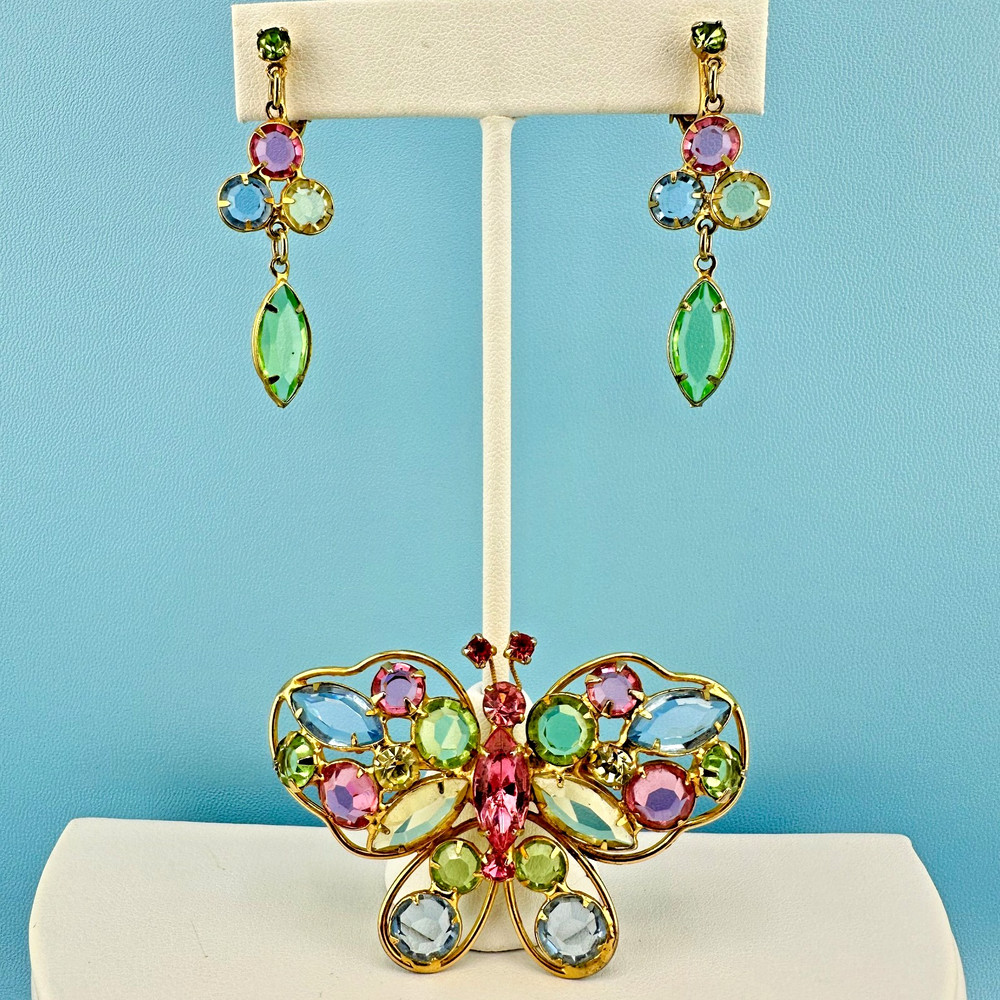 Vintage Butterfly Brooch Earrings Set Open Back Crystal Fruit Salad Pastel Color