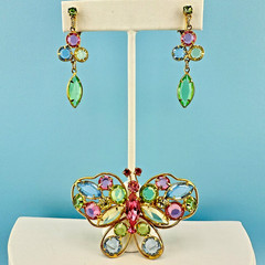 Vintage Butterfly Brooch Earrings Set Open Back Crystal Pastel Pink Green Blue