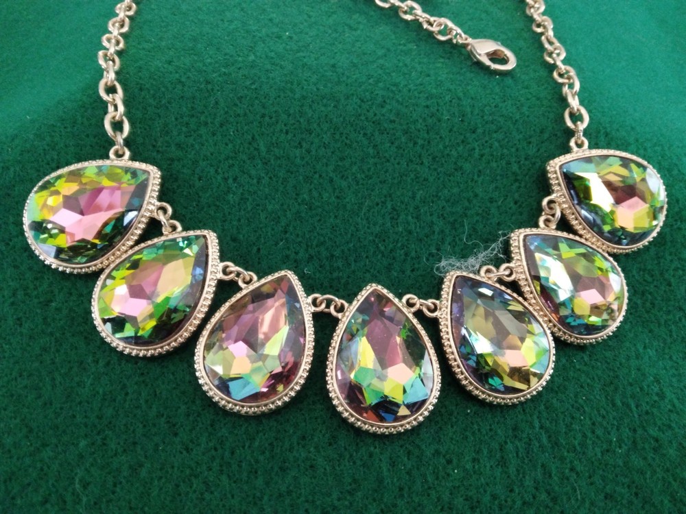 Multicolor Glass Tear Drop Contemporary Statement Necklace Gold Tone