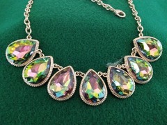 Multicolor Glass Tear Drop Contemporary Statement Necklace Gold Tone