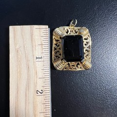 Vintage Edlee Pendant Dark Red Glass Ornate Open Scroll Gold Tone Rectangle