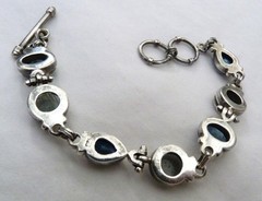 LARGE OVAL FACETED BLUE TOPAZ MELON CARVED QUARTZ STERLING SILVER BRACELET