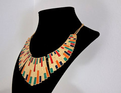 Vintage Egyptian Revival Bib Necklace Gold Tone Enamel Cleopatra Collar Art Deco