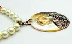 Faux Pearls & Pink Rhinestones Necklace With Carved Mother of Pearl Cameo VTG