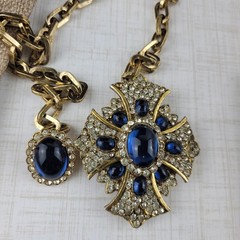 Maltese Cross Blue Cabochon Rhinestone Regal Mogul Double Brooch with Chain RARE