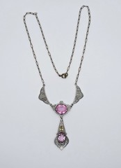 Antique Art Deco Lavalier Pendant Necklace Pink Glass Filigree Edwardian