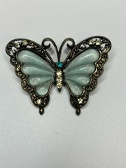 Vintage Butterfly Silver Tone Pin Brooch Light Blue And Yellow Stones