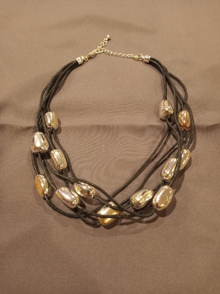 Avon Multistrand Nugget Necklace Silver Black Corded Silvertone 18″ Fancy