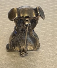 Adorable Vintage Bulldog Pug Puppy Dog Brooch Blue Rhinestone Collar signed LJ