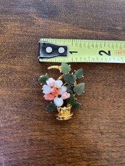 Vtg Signed SWOBODA Flower Basket Pin Brooch w/ Carved Natural Coral and Jade