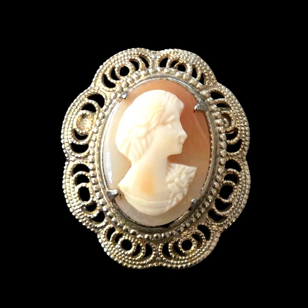 Vintage Cameo Brooch Carved Shell Portrait 1920s Orange White ornate filagree