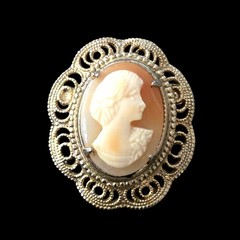 Vintage Cameo Brooch Carved Shell Portrait 1920s Orange White ornate filagree