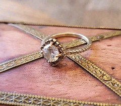 Vtg Gold Tone Engagement Ring, Clear Stone Halo Setting Pave Band, Size 4.25