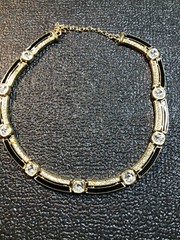 Vintage Jewelry Signed MONET Gold Tone Black And Gemmed Necklace 17.75”