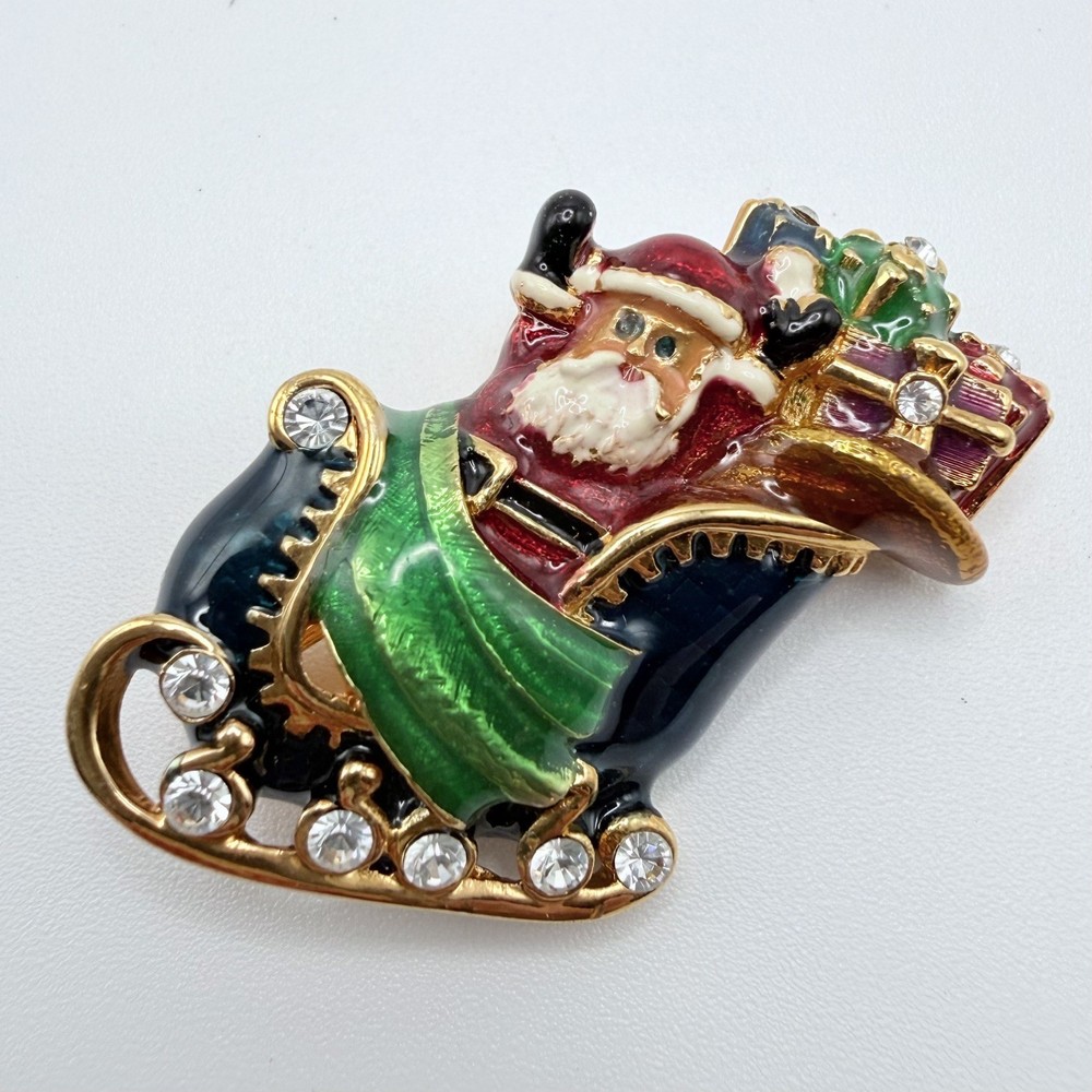 Christopher Radko Signed Enamel Christmas Santa Sleigh Rhinestones Brooch