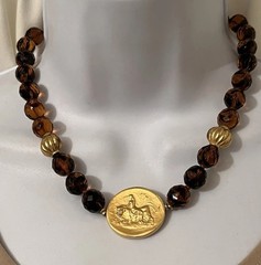 JADED Jewels NY Signed Etruscan Roman Coin Revival Glass Beaded Pendant Necklace