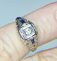 Estate Art Deco Diamond Synthetic Sapphire 18K White Gold Ring